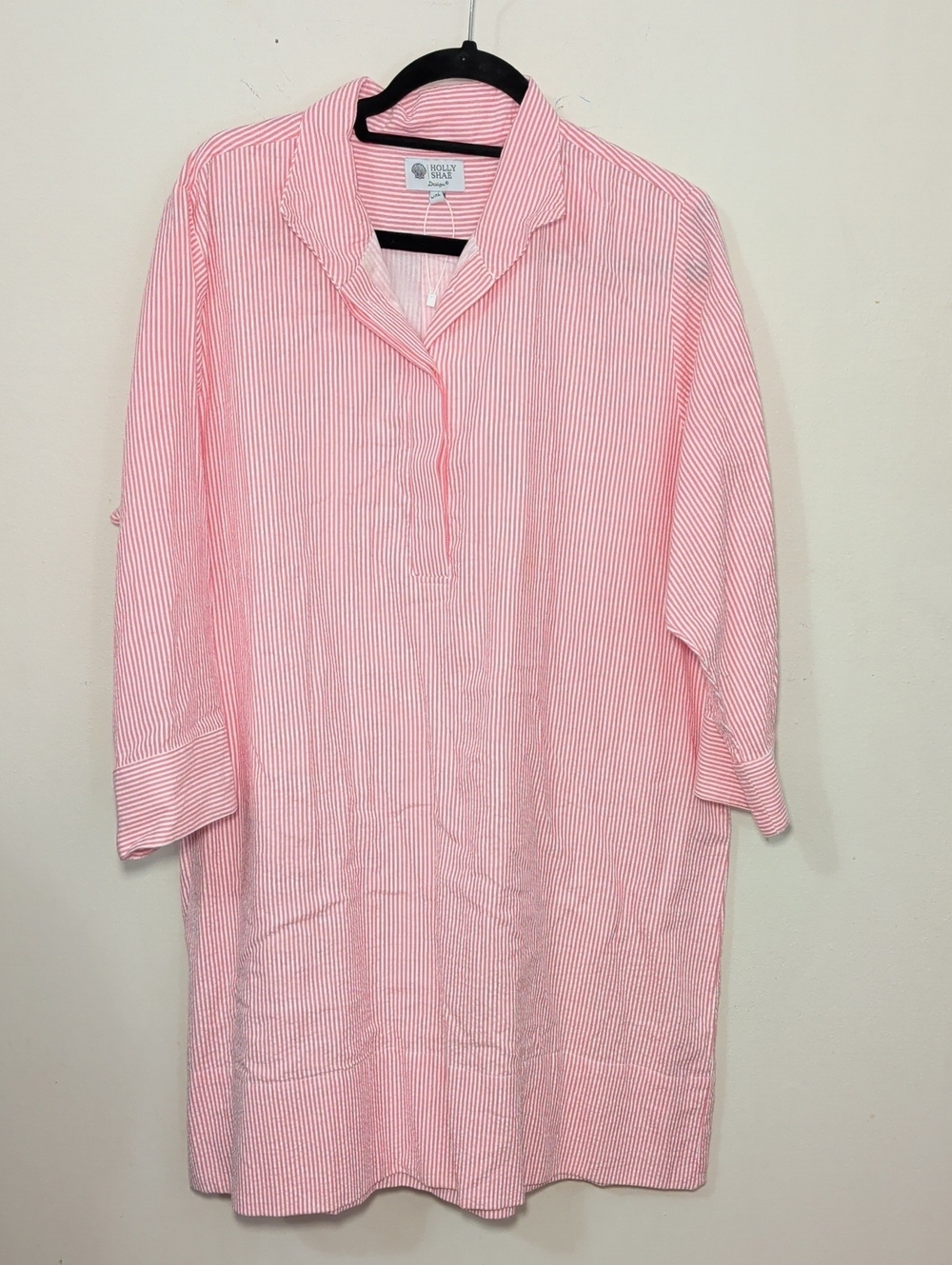 Holly Shae Arden Shift Dress Pink + White Seersucker 100% Cotton Size L/XL
